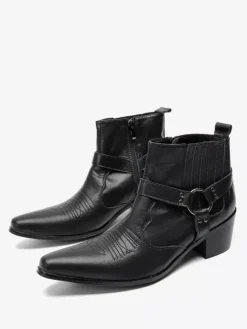 Men's Chelsea Boots Black Cowhide Pointed Toe Starps Ankel Short Boots