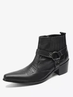 Men's Chelsea Boots Black Cowhide Pointed Toe Starps Ankel Short Boots