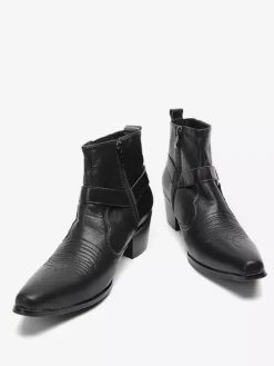 Men's Chelsea Boots Black Cowhide Pointed Toe Starps Ankel Short Boots