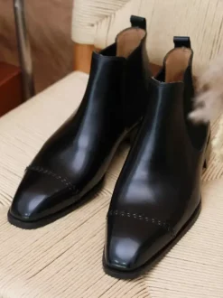 Men's Chelsea Boots Black Cowhide Square Toe Slip On Prom Wedding Ankle Boots
