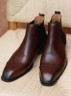 Men's Chelsea Boots Black Cowhide Square Toe Slip On Prom Wedding Ankle Boots