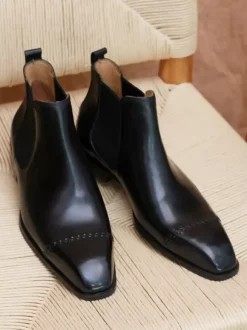 Men's Chelsea Boots Black Cowhide Square Toe Slip On Prom Wedding Ankle Boots