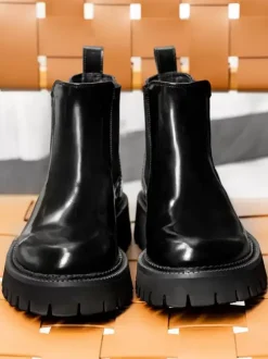 Men's Chelsea Boots Black Patent Cowhide Round Toe Thick Sole Ankle Martin Boots