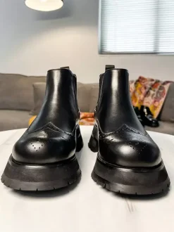 Mens Chelsea Boots Chunky Sole Round-Toe Leather Brogue Boots Height-Increasing Ankle Boots