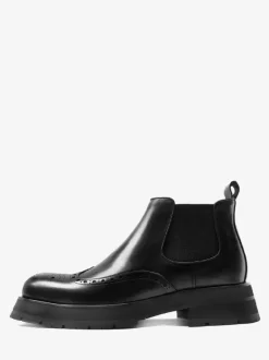 Mens Chelsea Boots Chunky Sole Round-Toe Leather Brogue Boots Height-Increasing Ankle Boots