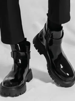 Mens Chelsea Boots Platform Glossy Leather Chunky Sole Elastic Ankle Boots
