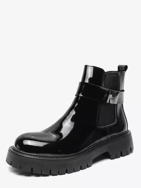 Mens Chelsea Boots Platform Glossy Leather Chunky Sole Elastic Ankle Boots