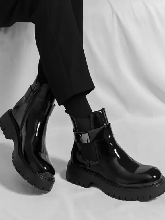 Mens Chelsea Boots Platform Glossy Leather Chunky Sole Elastic Ankle Boots