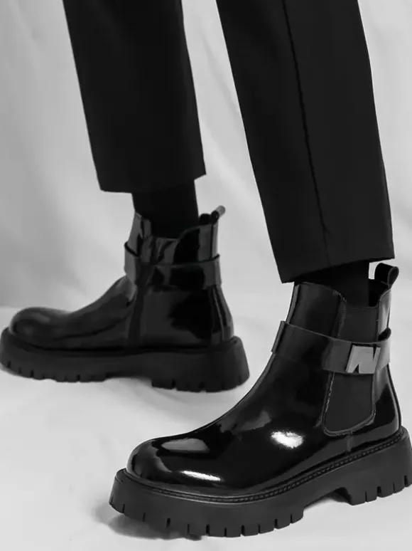 Mens Chelsea Boots Platform Glossy Leather Chunky Sole Elastic Ankle Boots