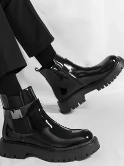 Mens Chelsea Boots Platform Glossy Leather Chunky Sole Elastic Ankle Boots