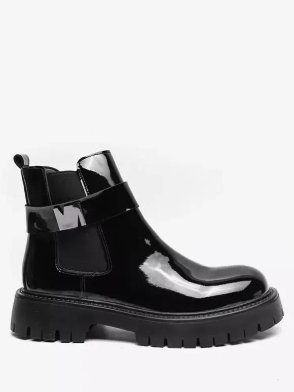 Mens Chelsea Boots Platform Glossy Leather Chunky Sole Elastic Ankle Boots