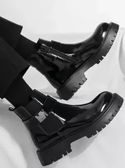 Mens Chelsea Boots Platform Glossy Leather Chunky Sole Elastic Ankle Boots