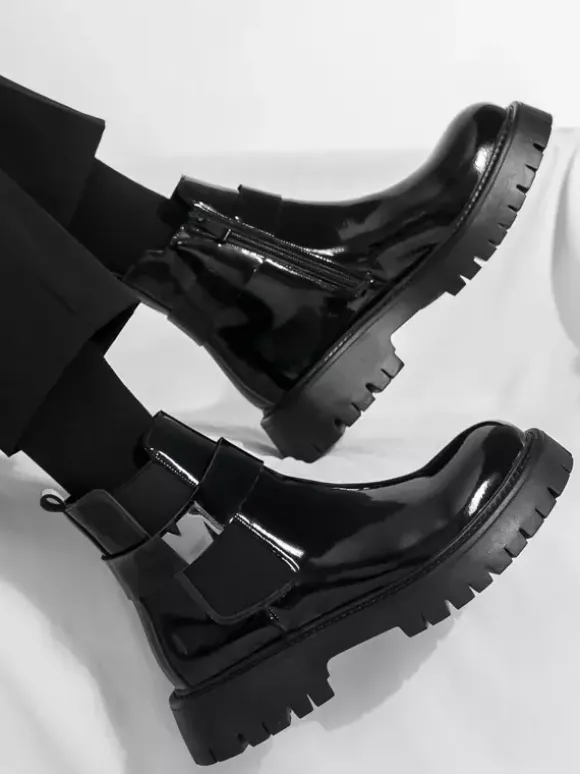 Mens Chelsea Boots Platform Glossy Leather Chunky Sole Elastic Ankle Boots