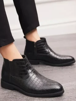 Mens Chelsea Boots Pointed-Toe Low Block Heel With Square Textured Upper
