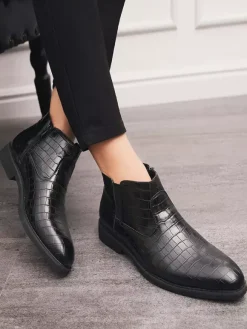 Mens Chelsea Boots Pointed-Toe Low Block Heel With Square Textured Upper