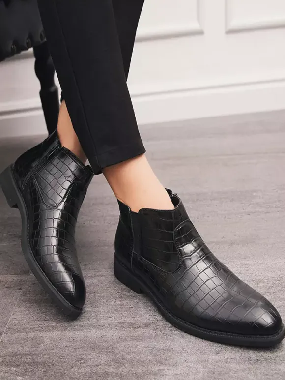 Mens Chelsea Boots Pointed-Toe Low Block Heel With Square Textured Upper