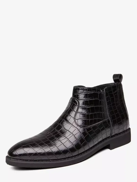 Mens Chelsea Boots Pointed-Toe Low Block Heel With Square Textured Upper