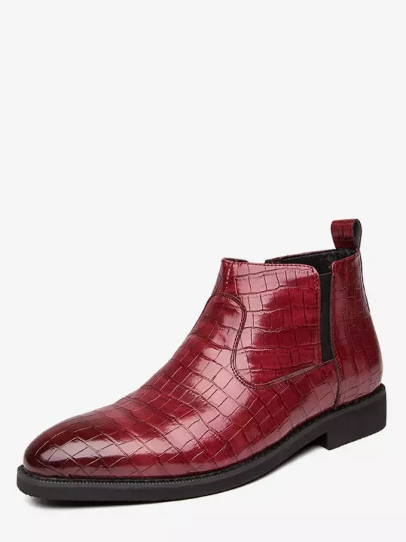 Mens Chelsea Boots Pointed-Toe Low Block Heel With Square Textured Upper