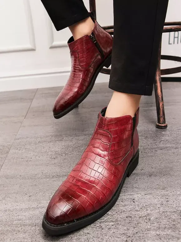 Mens Chelsea Boots Pointed-Toe Low Block Heel With Square Textured Upper