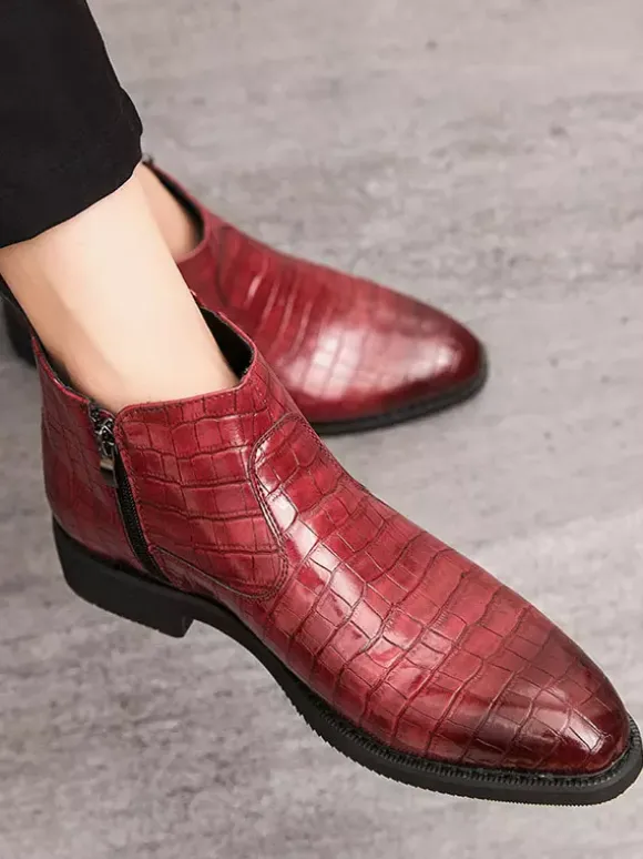 Mens Chelsea Boots Pointed-Toe Low Block Heel With Square Textured Upper