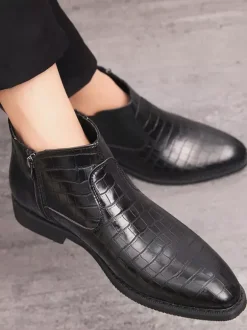 Mens Chelsea Boots Pointed-Toe Low Block Heel With Square Textured Upper
