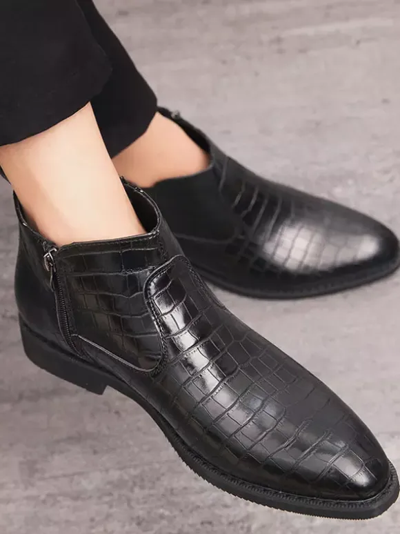 Mens Chelsea Boots Pointed-Toe Low Block Heel With Square Textured Upper