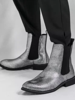 Mens Chelsea Boots Pointed-Toe Glossy Python-Print Leather With Low Block Heel Ankle Boots