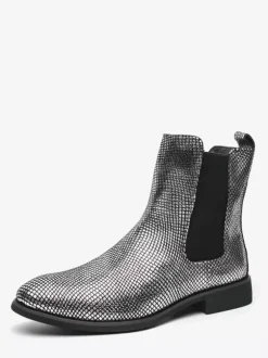 Mens Chelsea Boots Pointed-Toe Glossy Python-Print Leather With Low Block Heel Ankle Boots