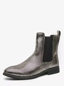 Mens Chelsea Boots Pointed-Toe Glossy Python-Print Leather With Low Block Heel Ankle Boots