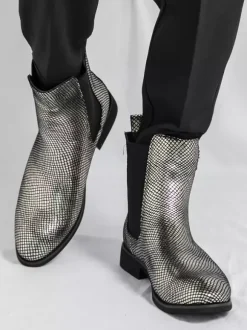 Mens Chelsea Boots Pointed-Toe Glossy Python-Print Leather With Low Block Heel Ankle Boots