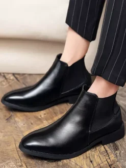Mens Chelsea Boots Pointed-Toe Slim Leather Ankle Boots With Low Heel