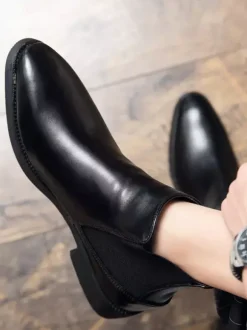 Mens Chelsea Boots Pointed-Toe Slim Leather Ankle Boots With Low Heel