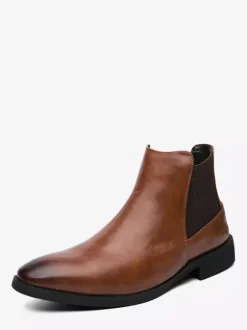 Mens Chelsea Boots Pointed-Toe Slim Leather Ankle Boots With Low Heel