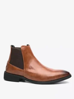 Mens Chelsea Boots Pointed-Toe Slim Leather Ankle Boots With Low Heel
