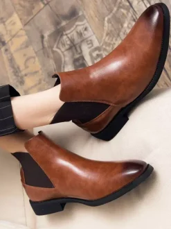 Mens Chelsea Boots Pointed-Toe Slim Leather Ankle Boots With Low Heel