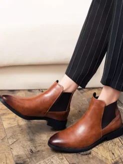 Mens Chelsea Boots Pointed-Toe Slim Leather Ankle Boots With Low Heel