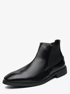 Mens Chelsea Boots Pointed-Toe Slim Leather Ankle Boots With Low Heel