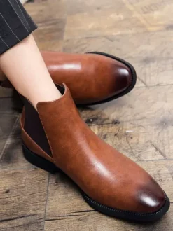 Mens Chelsea Boots Pointed-Toe Slim Leather Ankle Boots With Low Heel
