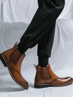 Mens Chelsea Boots Retro High Top Slip-on Leather Casual Shoes