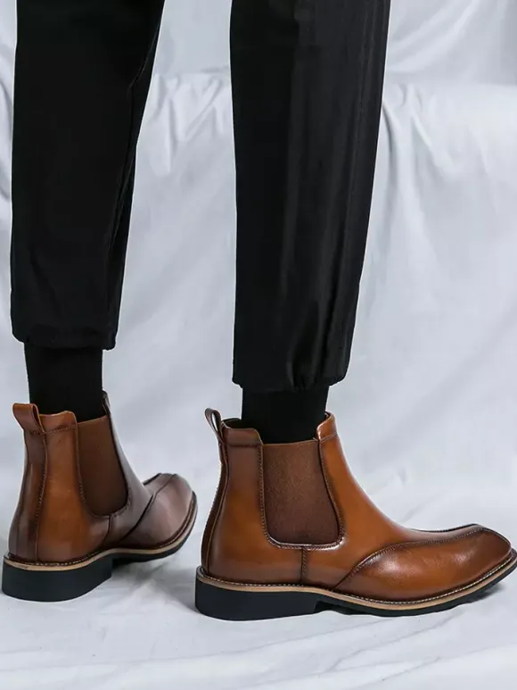 Mens Chelsea Boots Retro High Top Slip-on Leather Casual Shoes