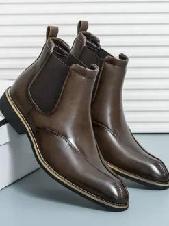 Mens Chelsea Boots Retro High Top Slip-on Leather Casual Shoes