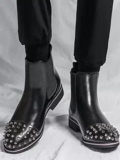 Mens Chelsea Boots Round Rivet Toe Non Slip Anti-slip Waterproof Slip On Wearable Short Boots