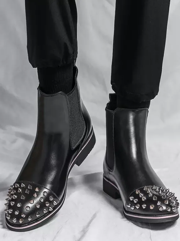 Mens Chelsea Boots Round Rivet Toe Non Slip Anti-slip Waterproof Slip On Wearable Short Boots
