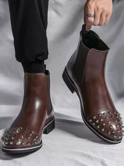 Mens Chelsea Boots Round Rivet Toe Non Slip Anti-slip Waterproof Slip On Wearable Short Boots