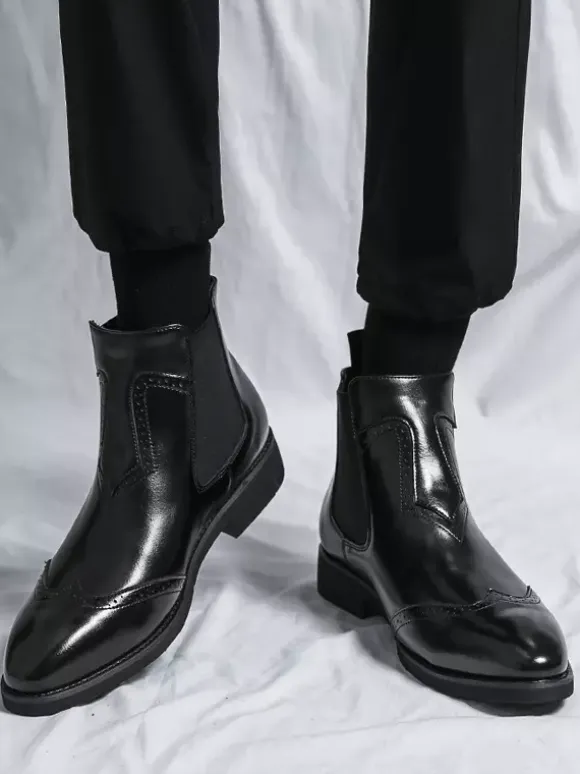Mens Chelsea Boots Wingtip Pointed Toe Low Heel Ankle Boots
