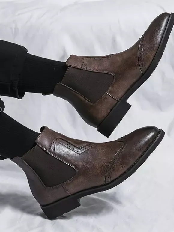 Mens Chelsea Boots Wingtip Pointed Toe Low Heel Ankle Boots