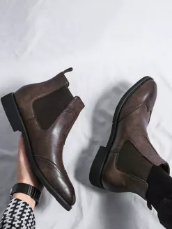Mens Chelsea Boots Wingtip Pointed Toe Low Heel Ankle Boots