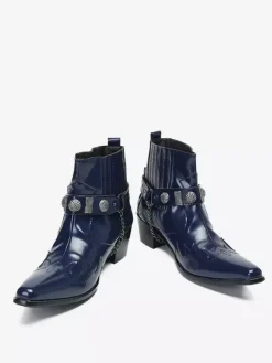 Men's Chelsea Cowhide Pointed Toe Mental Strap Chains Decor Short Cowboy Boots