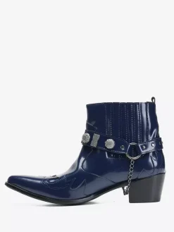 Men's Chelsea Cowhide Pointed Toe Mental Strap Chains Decor Short Cowboy Boots