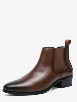 Mens Chelsea Short Boots Pointed Burnished Toe Leather Elastic Band Slip On Anti-slip Waterproof Casual Boots